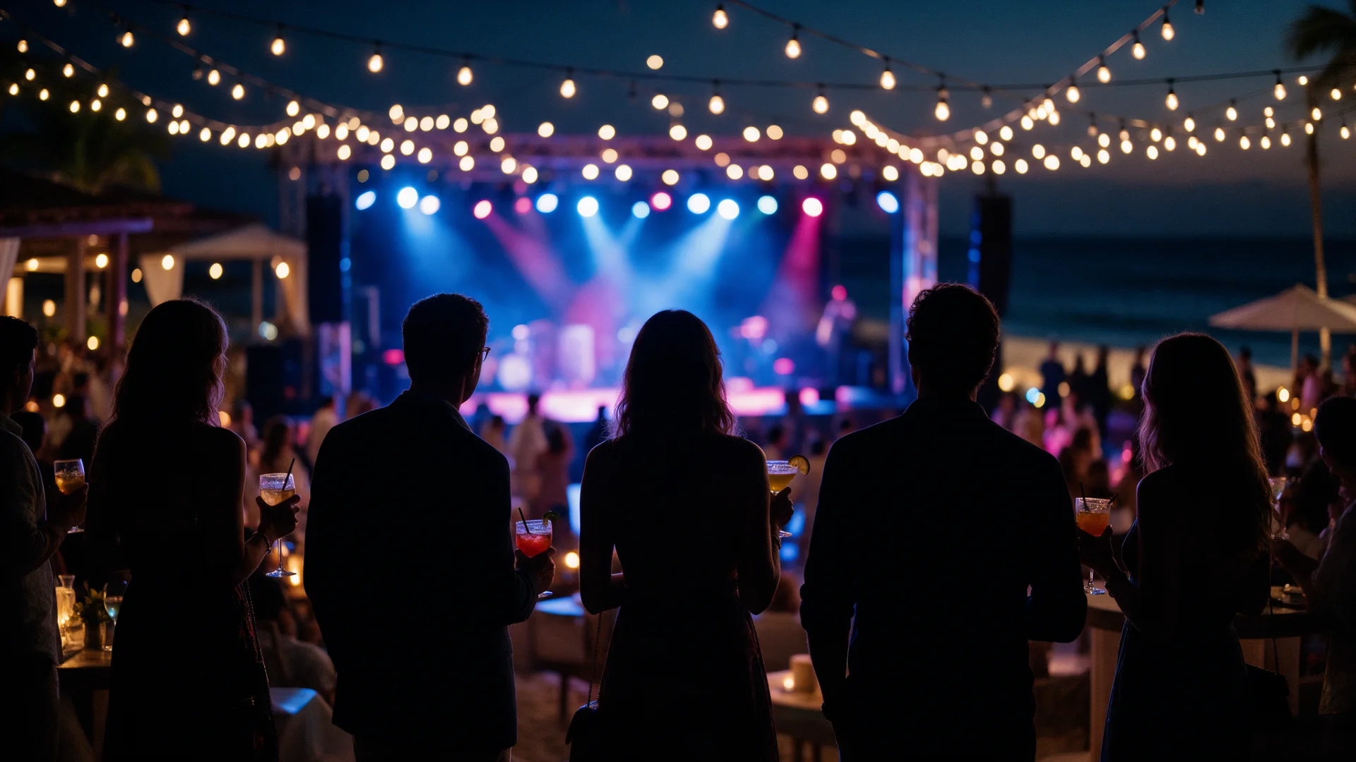 Evento nocturno en club de playa en Cabo San Lucas con luces azules y magenta