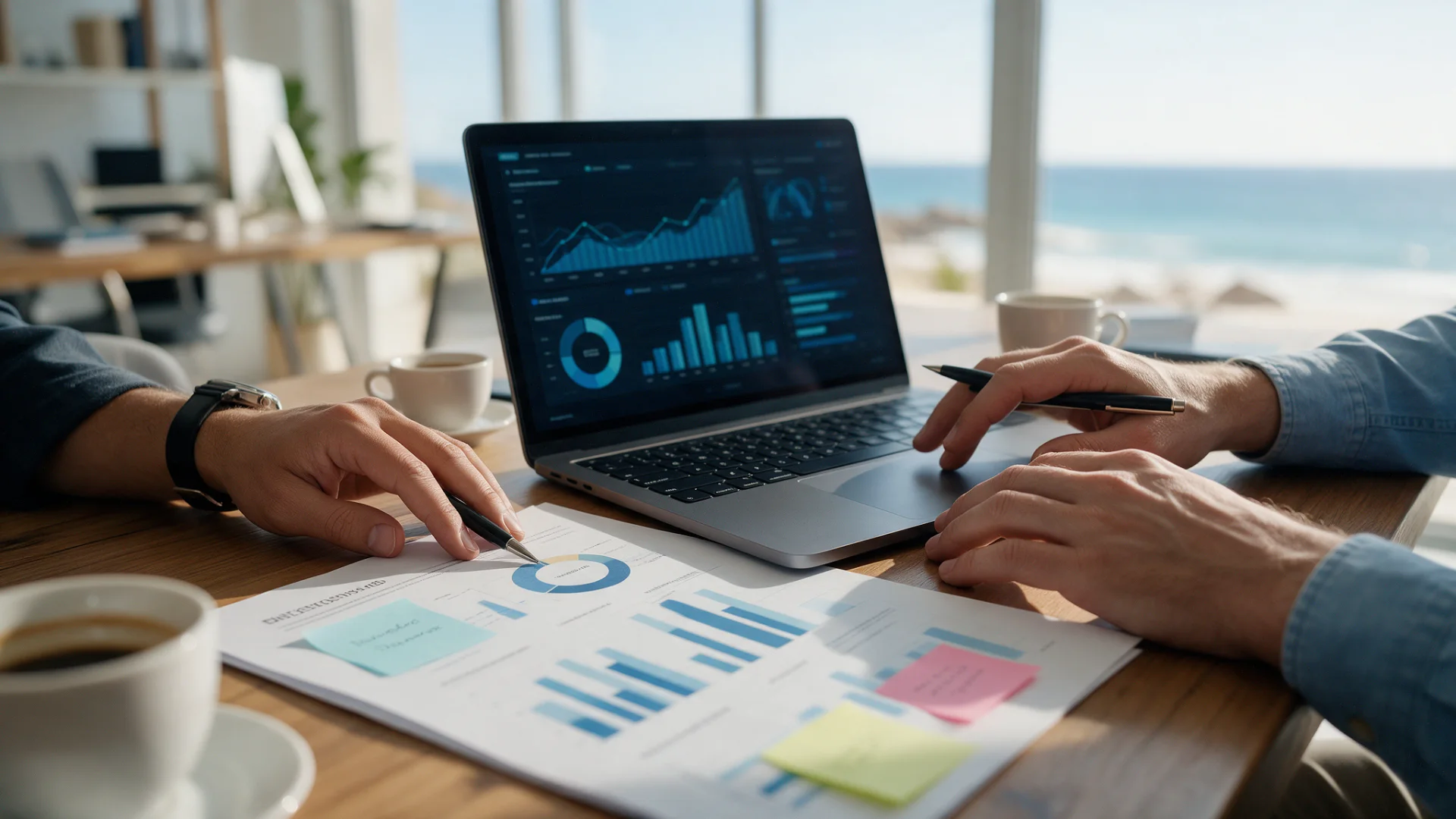 Consultores de Big Wave revisando métricas de marketing digital en Los Cabos