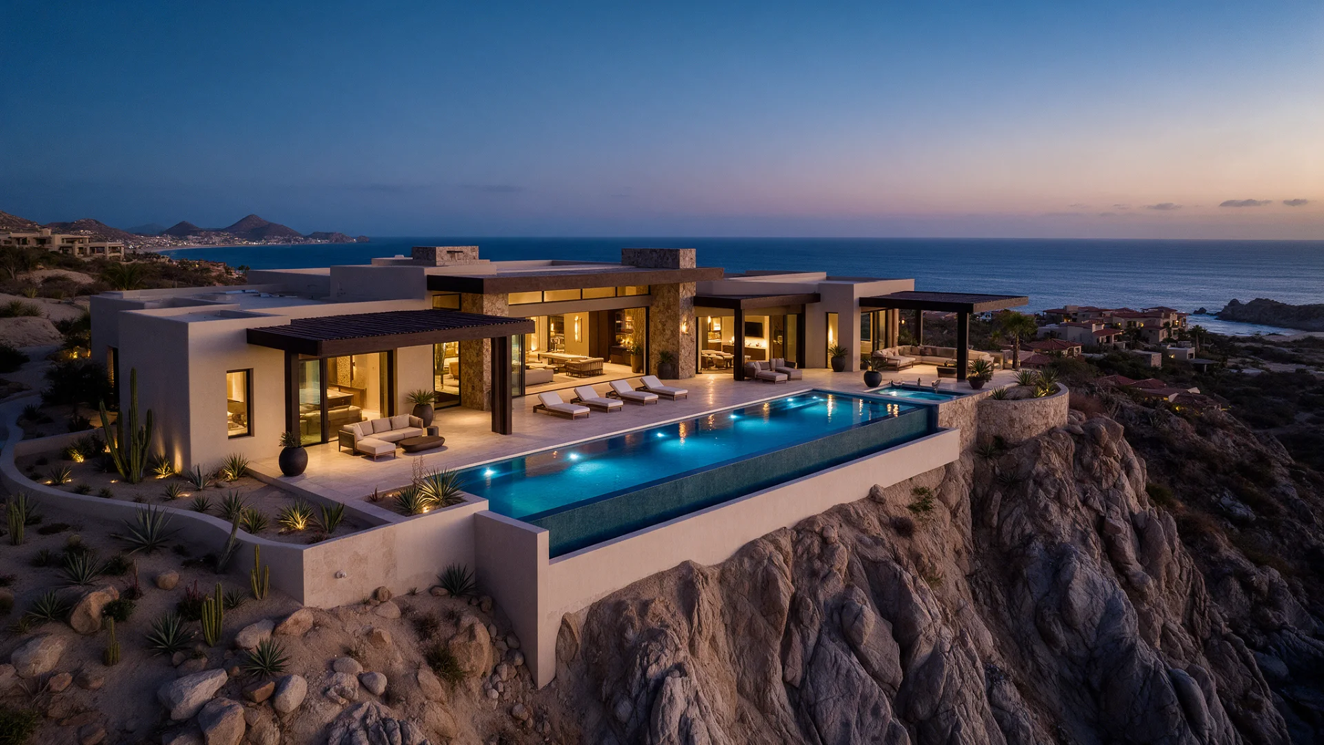 Villa de lujo frente al mar en Los Cabos con alberca infinita al anochecer