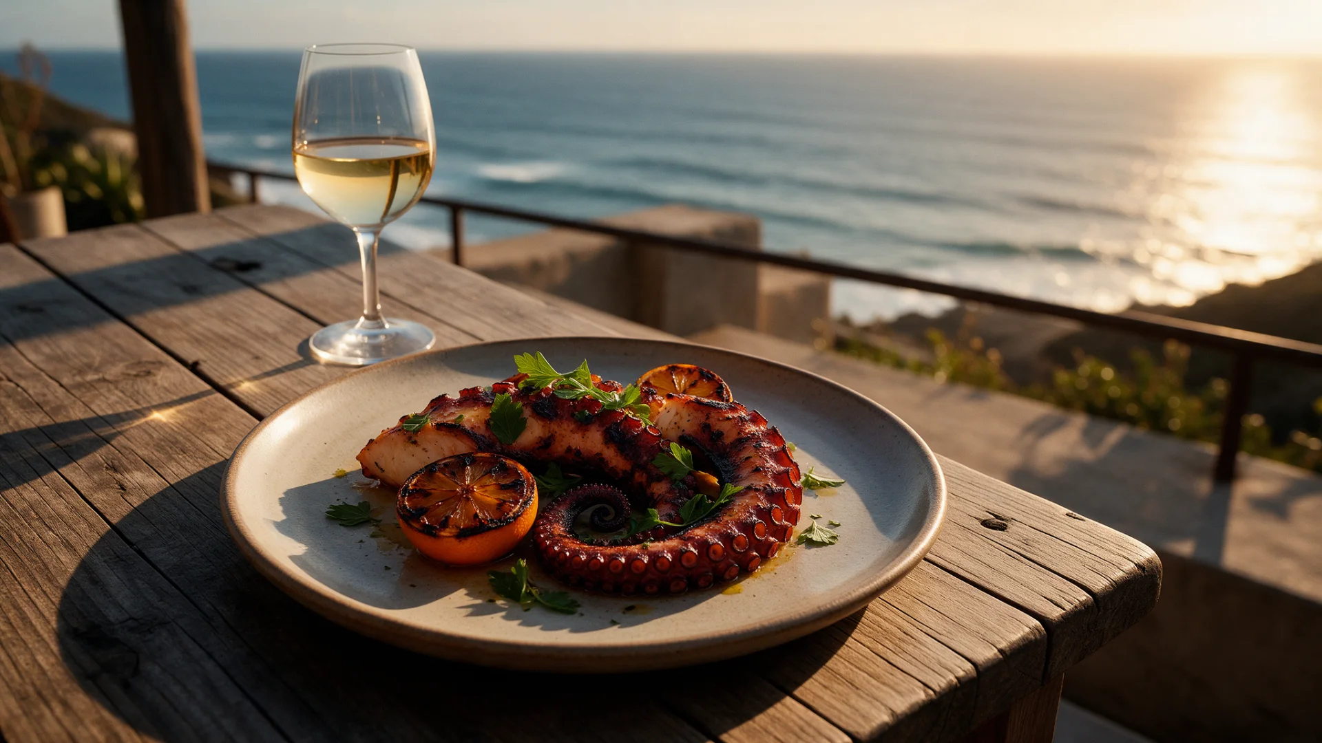 Plato de pulpo a la parrilla en terraza frente al mar en Los Cabos